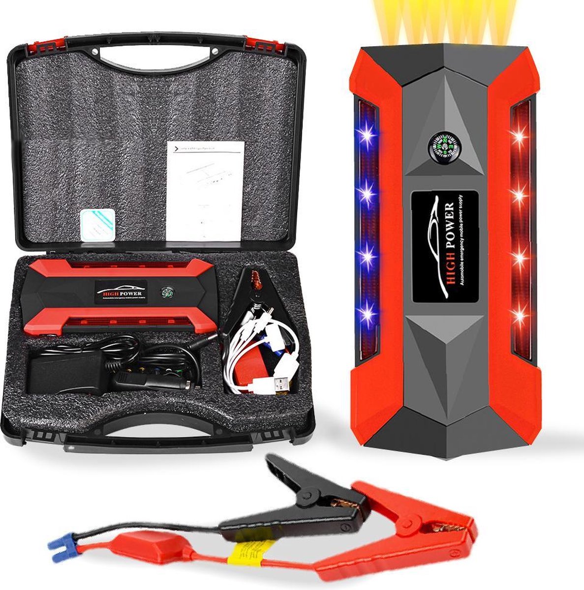 DKProducts Jumpstarter – 4-in-1 Starthulp – Powerbank - LED Zaklamp – Rood / Zwart – Autoaccu Opladen – Motor Herstarten – 7200mAh