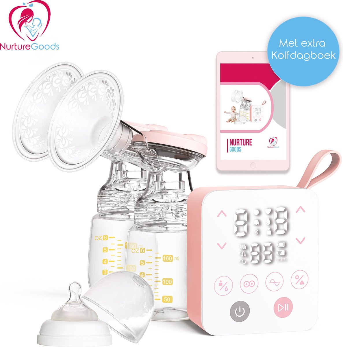 NurtureGoods Smart 2.0 Oplaadbare Dubbele Elektrische Borstkolf - Met 2x 180 ml Babyfles
