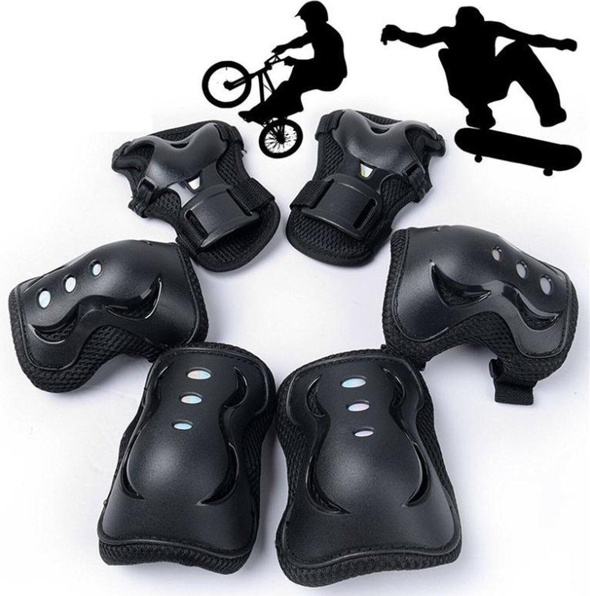 Universele sport beschermset - 6 delig - Skeeler / skate bescherming - 3 in 1 - Elleboog / pols en kniebeschermers - Valbescherming skateboard - Voor fiets