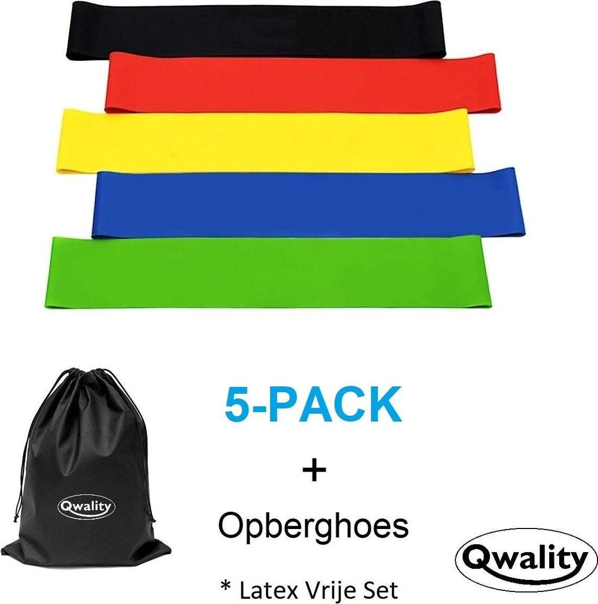 Weerstandsbanden 5x LATEX VRIJ – Sport Elastiek Banden- Resistance Bands - Thuis Train Set – Fitness - Inclusief Oefeningen - Qwality