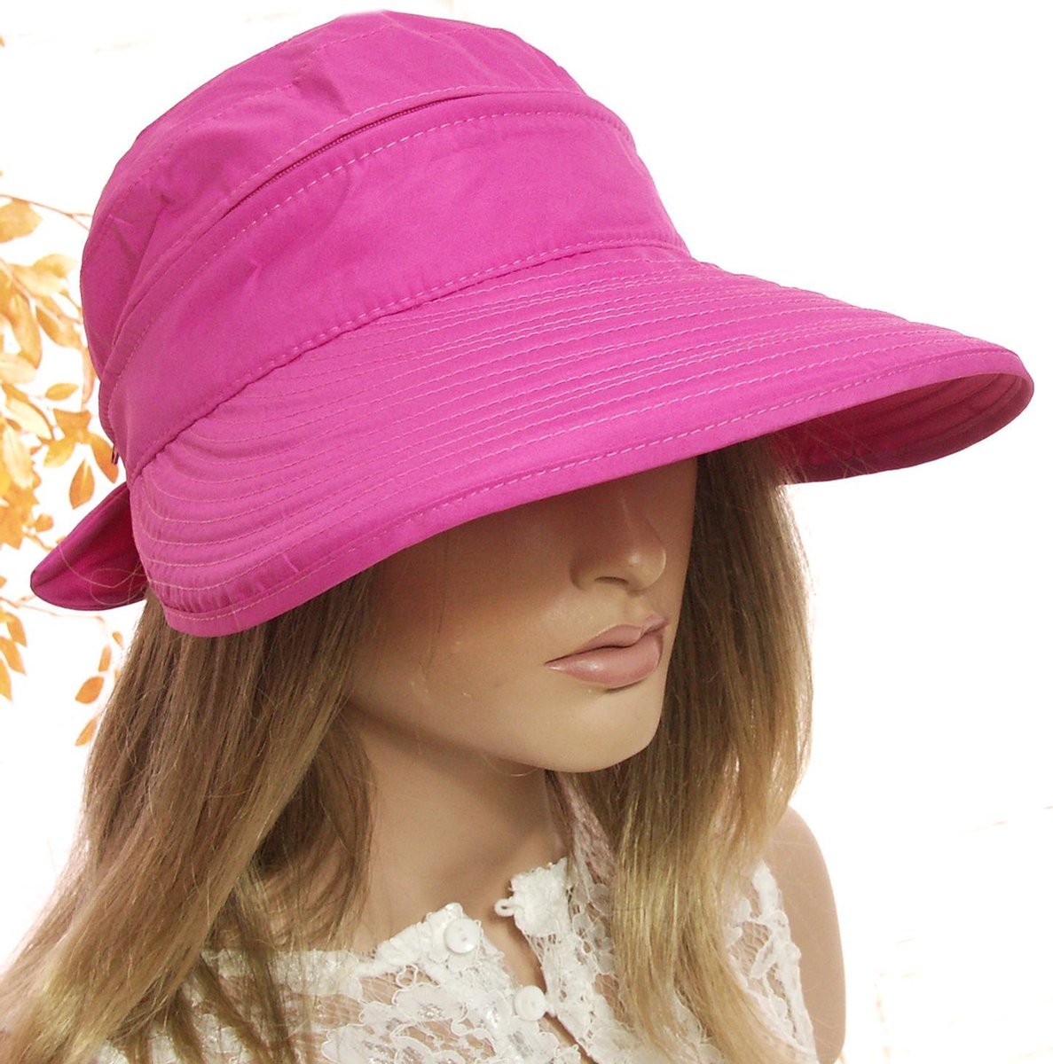 Afritsbare lichtgewicht zonnepet zonneklep extra brede rand kleur pink maat one size