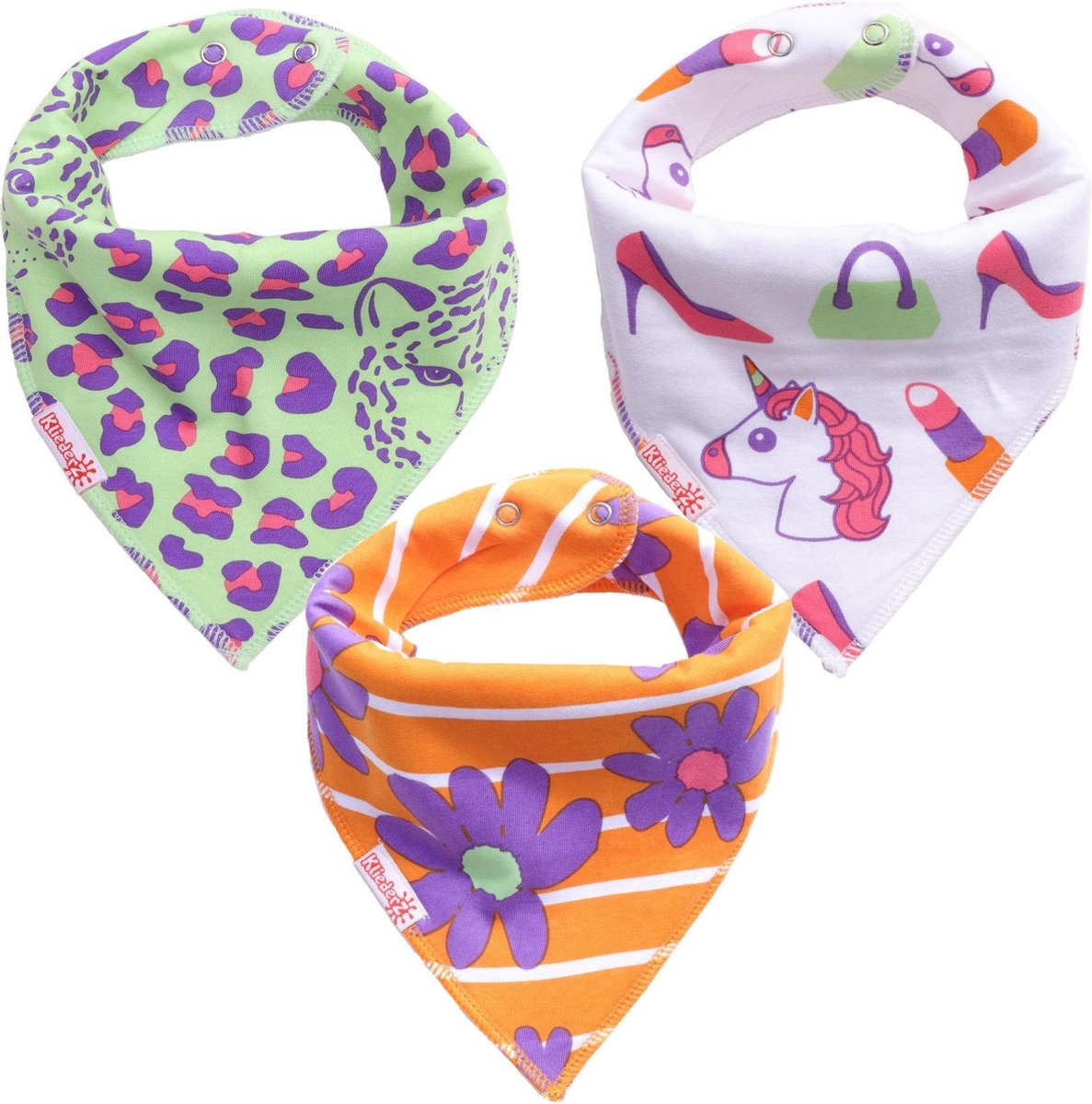 Bandana slabbetjes baby KliederZ | Fashionista kwijl slabben Meisjes | 3 stuks Puntslabbers Luipaard Unicorn print BB05b