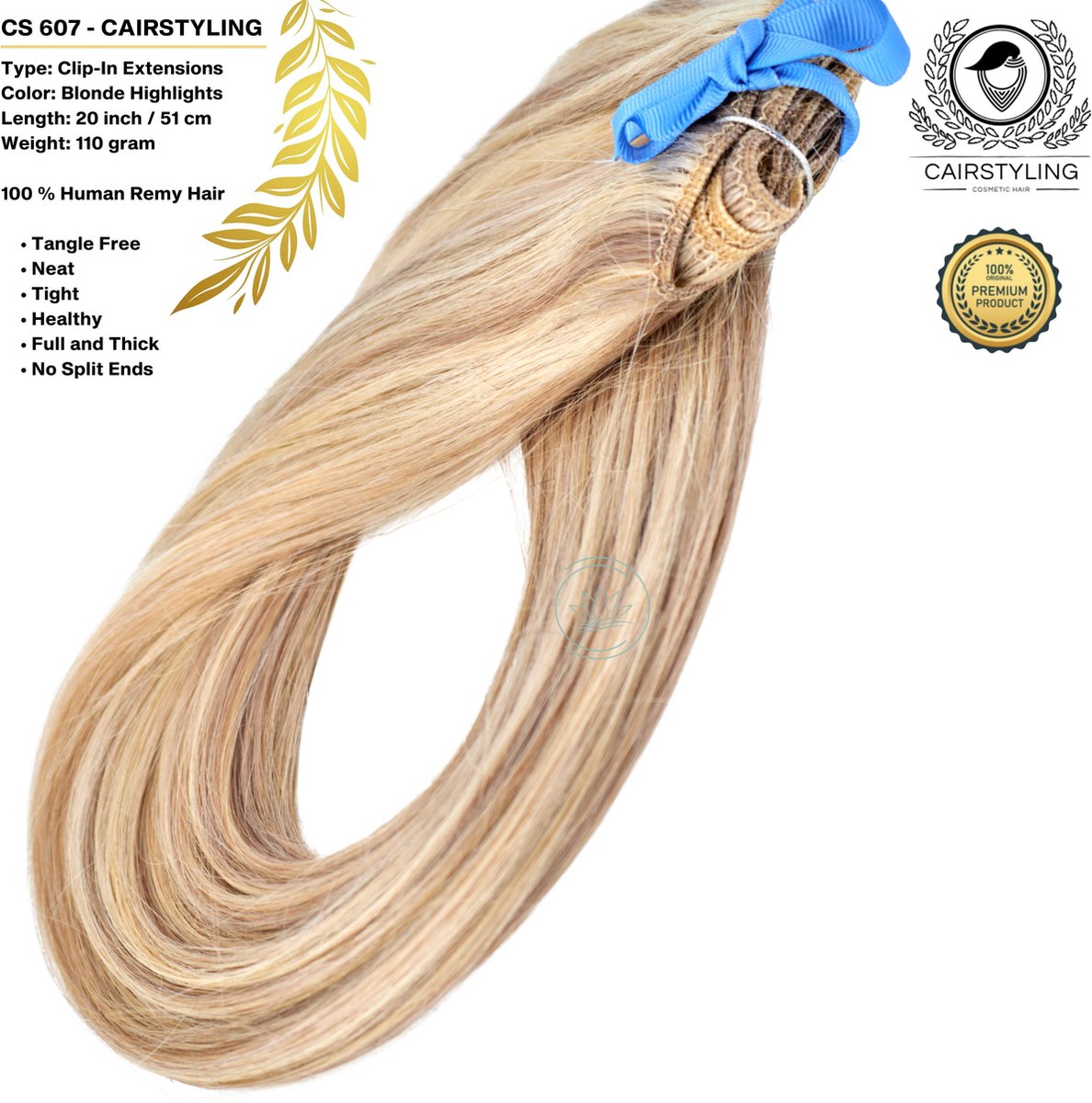 CAIRSTYLING Premium 100% Human Hair | Double Drawn Blonde Clip-in Hair Extensions CS607 | 110 Gram | 51 CM (20 inch) | Haarverlenging | Best Quality Hair Long-term | Blond Remy Clip Ins | Natuurlijke Haarverlenging | Inclusief Velvet Bag