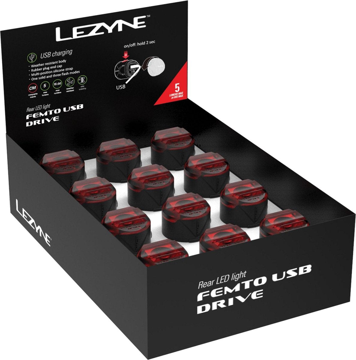 Lezyne Femto USB Drive Box Set Rear (24 stuks) Fiets Achterlicht - 5 Lumen - Zwart