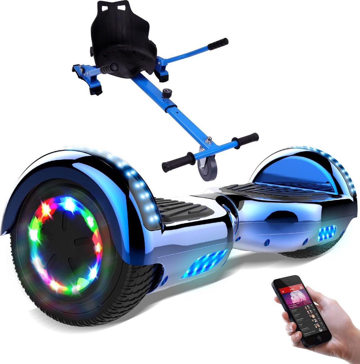 Evercross Hoverboard 6.5 Inch | Flits Wielen | Bluetooth Speaker | LED verlichting | Blauw Chroom + Hoverkart Blauw