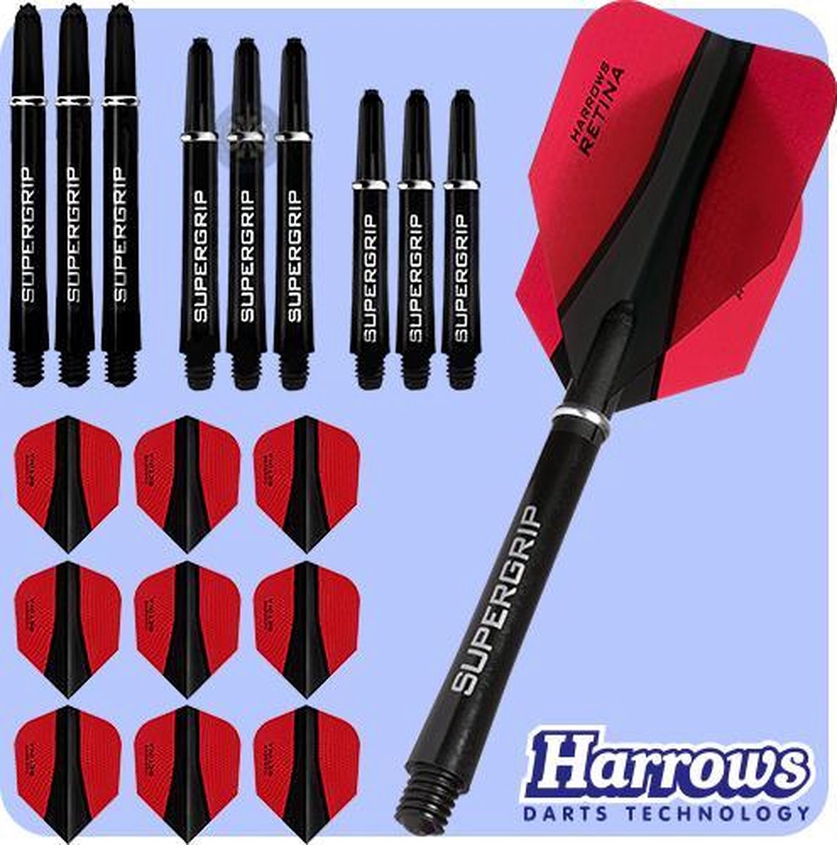 Harrows Retina-X Dart Flights and Shafts Combo Kit - 3 Sets Shafts - 3 Sets Flights - Red