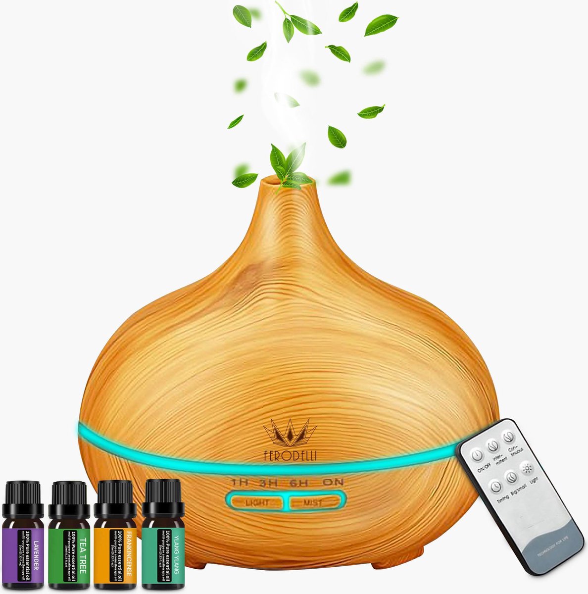 Ferodelli® - Aroma Diffuser 500ML voor Aromatherapie - Geurverspreider - Incl. 4x Etherische Olie - Woodgrain Hout Design