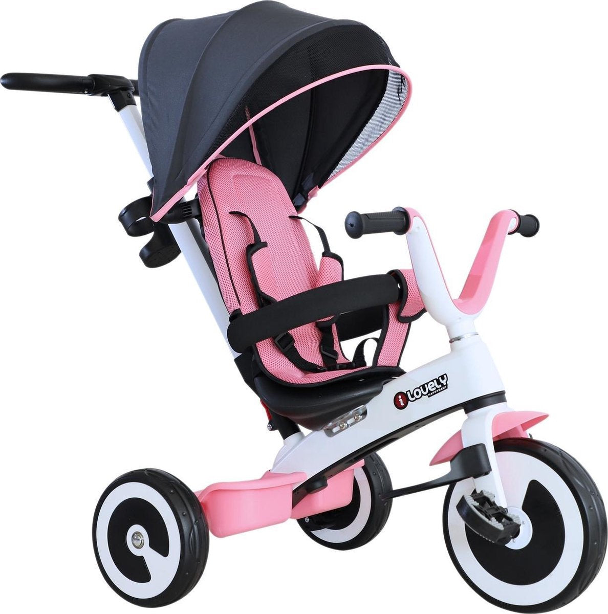 Driewieler met duwstang - 4 in 1- Kinderwagen - Loopwagen - Kinderfiets - Roze