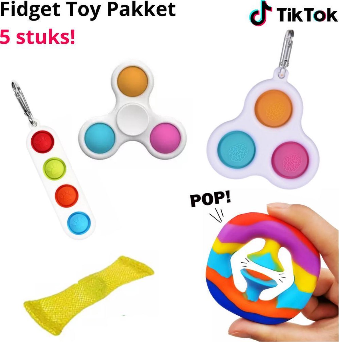 Fidget Toy Pakket - Sleutelhanger Pop It – 5 stuks! - Simple Dimple Triple (Roze Blauw Oranje) + Simple Dimple Spinner  (Roze Blauw Oranje) + Simple Dimple 4 Kleuren + Snapperz Pop it Regenboog + Mash & Marble Geel [RealsDeals! Fidget Collection]