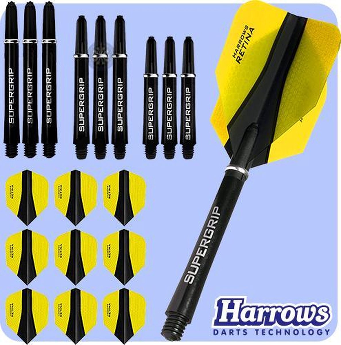 Harrows Retina-X Dart Flights and Shafts Combo Kit - 3 Sets Shafts - 3 Sets Flights - Yellow