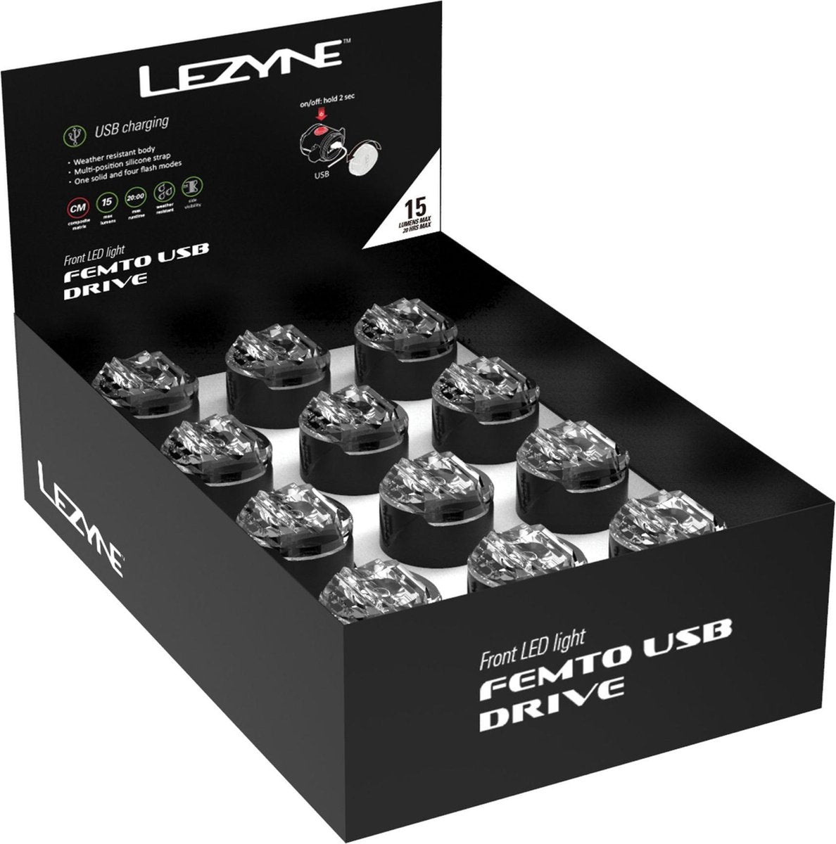 Lezyne Femto USB Drive Box Set Front (24 stuks) Fiets Koplamp - 15 Lumen - Zwart