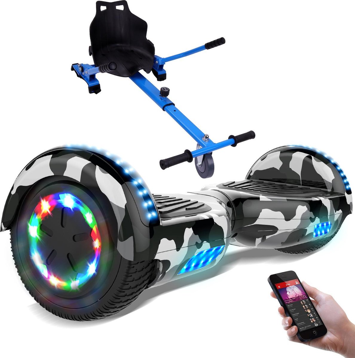Evercross Hoverboard 6.5 Inch | Flits Wielen | Bluetooth Speaker | LED verlichting | Camouflage + Hoverkart Blauw