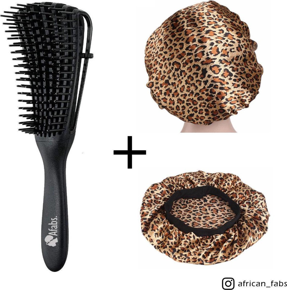 Afabs® Zwarte Anti-klit Haarborstel + Panter print satijnen slaapmuts | Detangler brush | Detangling brush | Satin cap / Hair bonnet / Satijnen nachtmuts / Satin bonnet | Kam voor Krullen | Kroes haar borstel