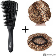 Afabs® Zwarte Anti-klit Haarborstel + Panter print satijnen slaapmuts | Detangler brush | Detangling brush | Satin cap / Hair bonnet / Satijnen nachtmuts / Satin bonnet | Kam voor Krullen | Kroes haar borstel