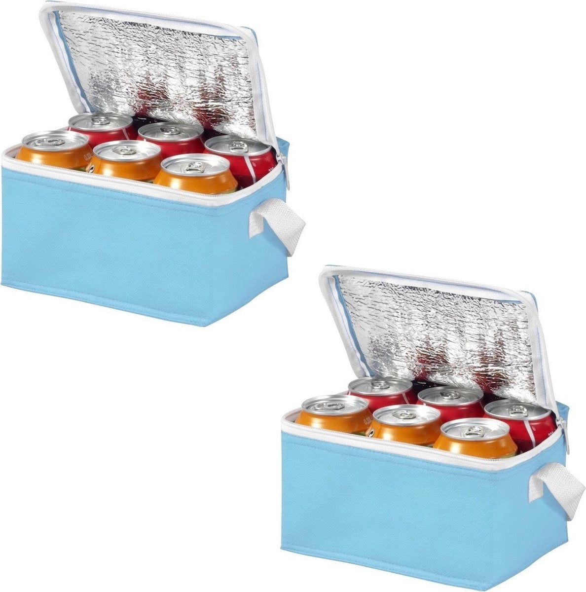 Set van 4x stuks kleine koeltasjes lichtblauw/wit 20 cm voor 6/sixpack blikjes - 3