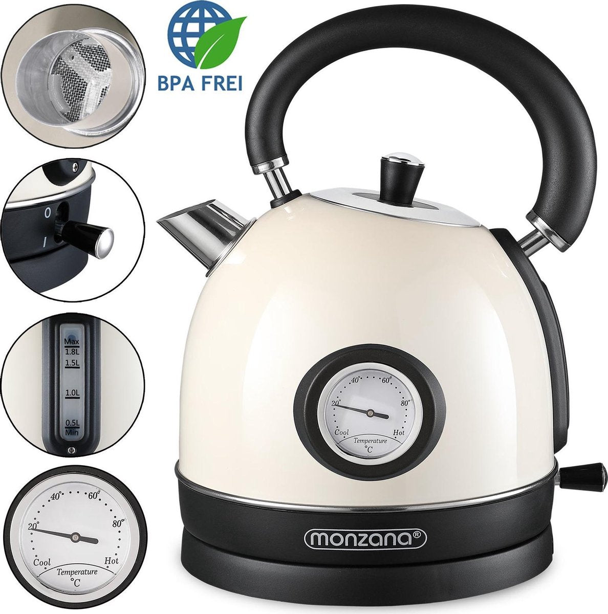 Monzana Waterkoker roestvrij staal in retrodesign crème 1