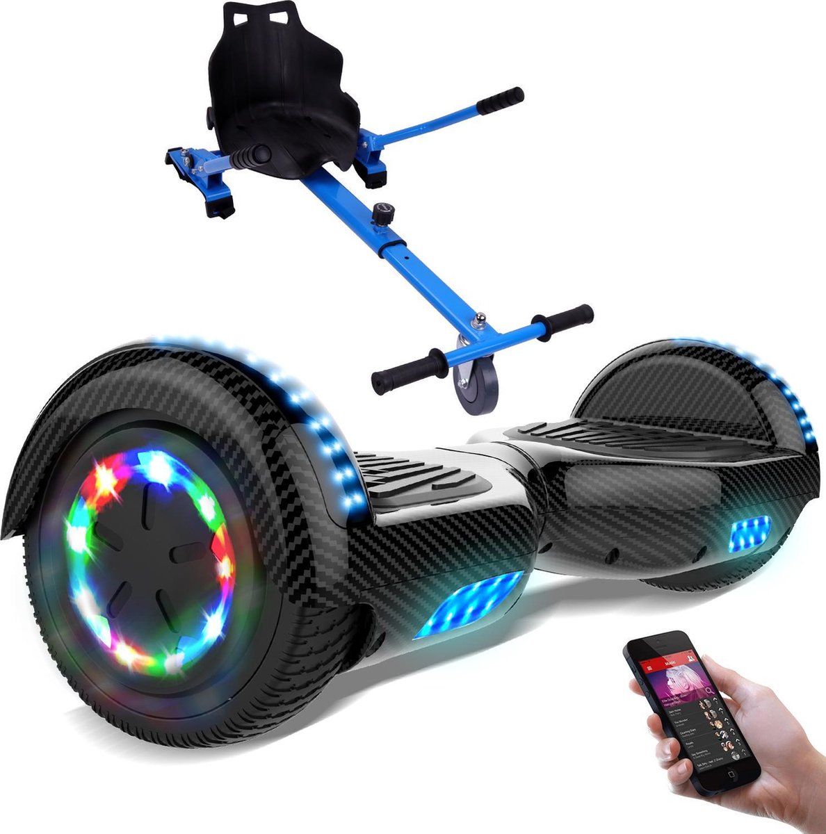 Evercross Hoverboard 6.5 Inch | Flits Wielen | Bluetooth Speaker | LED verlichting | Koolzwart + Hoverkart Blauw