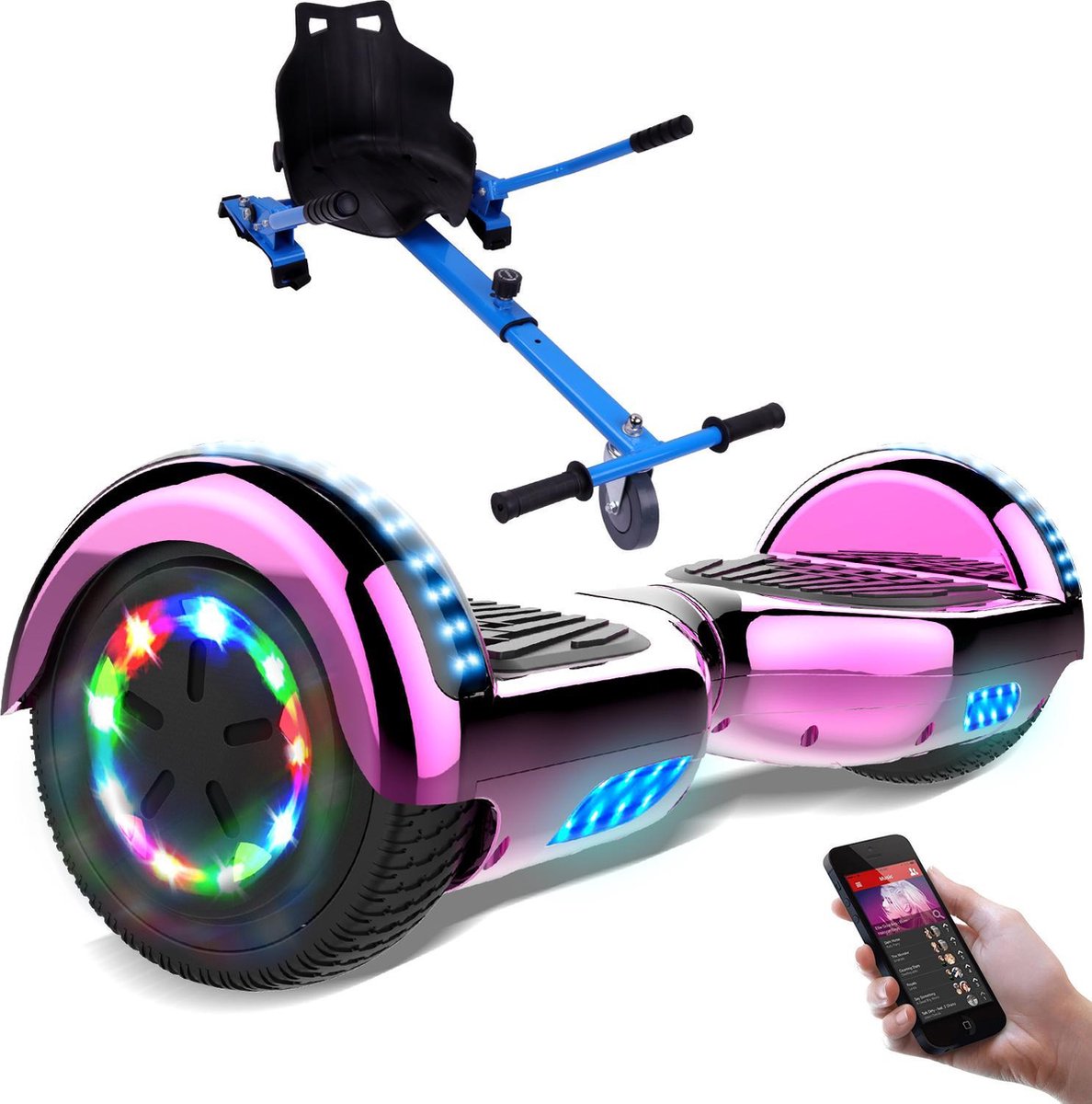 Evercross Hoverboard 6.5 Inch | Flits Wielen | Bluetooth Speaker | LED verlichting | Roze Chroom + Hoverkart Blauw