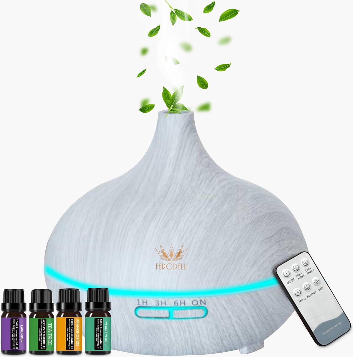 Ferodelli® - Aroma Diffuser 500ML voor Aromatherapie - Geurverspreider - Incl. 4x Etherische Olie - Greywood Hout Design