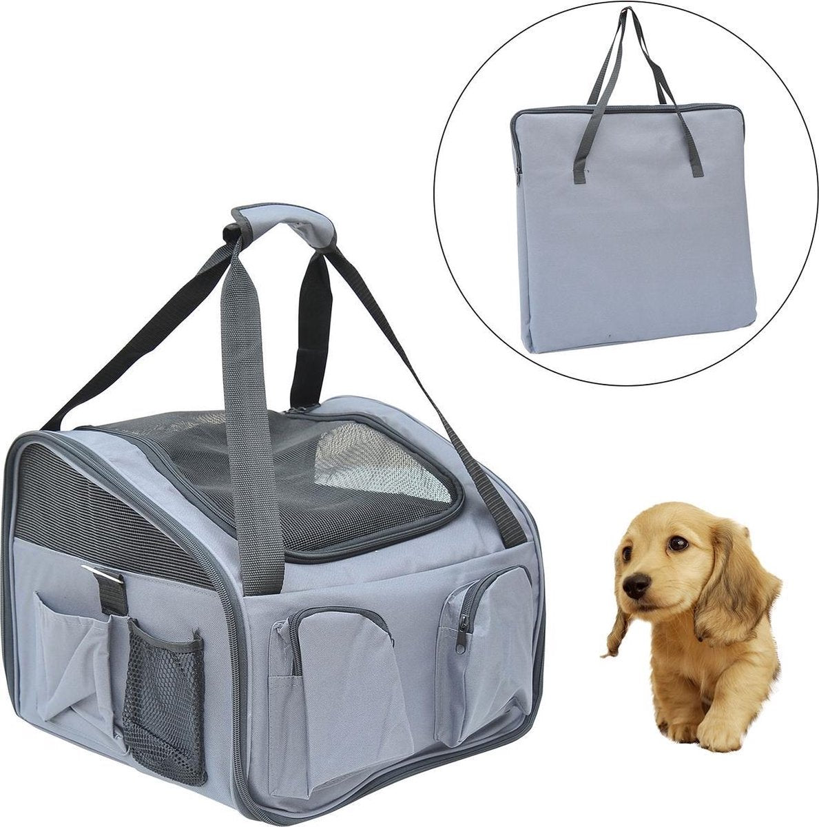 Honden reistas - Katten reistas - Autobench - Draagtas- Opvouwbaar - Grijs - 41 x 34 x 30 cm