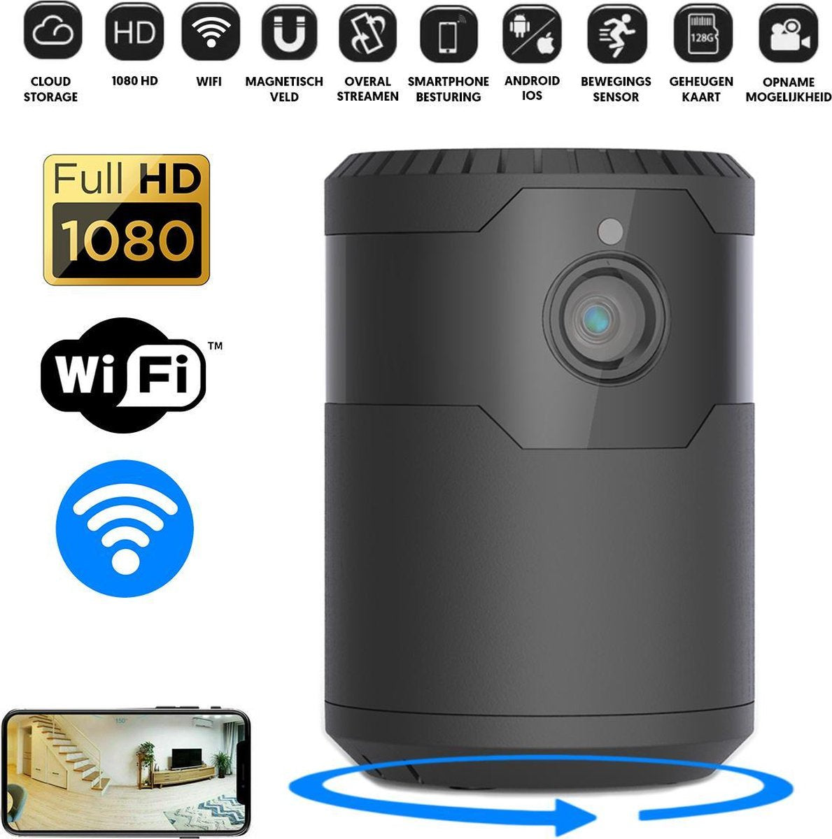 PIXMY® Smart Spy Camera 1200mAh - Verborgen Camera - Mini Camera - Spy Cam - Zelfdraaiend - WiFi 1080 HD - Incl. SD kaart 128 GB Kaartlezer - Nederlandse Handleiding