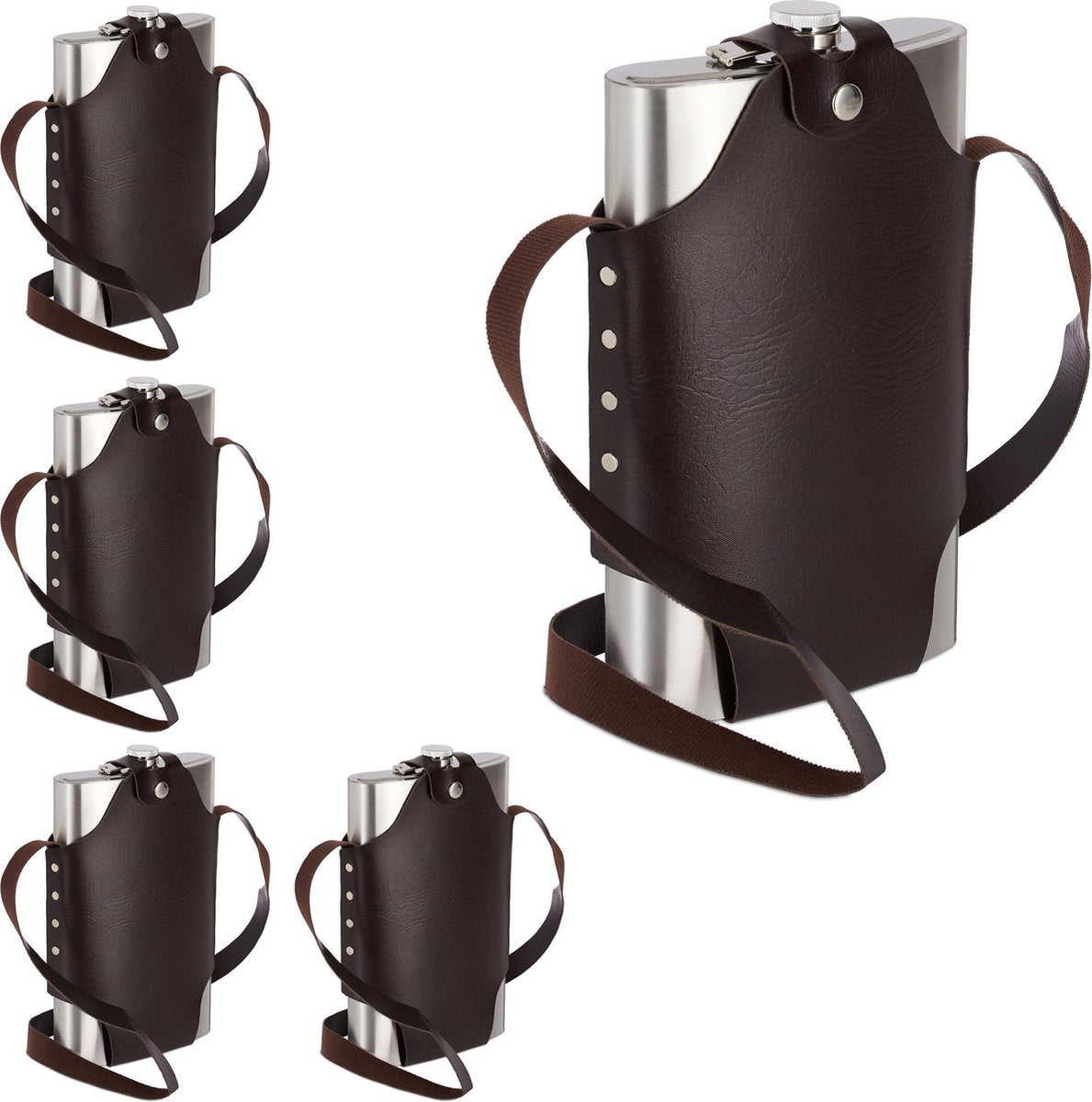 relaxdays 5 x platvink edelstaal XXL - heupfles 1.8 liter - zakflacon - draagriem - rvs