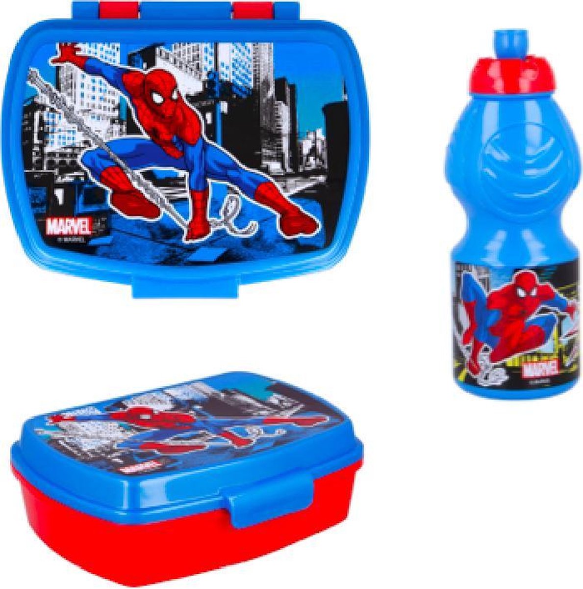Spiderman brooddoos (17 cm - 13 cm - 6 cm) + Drinkfles (18 cm hoog - 400 ml)