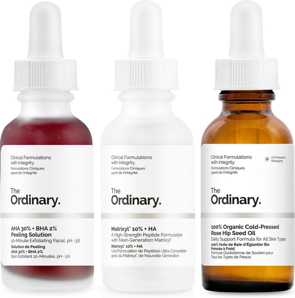 The Ordinary Longer Youthful Trio - The Ordinary AHA 30% + BHA 2% Peeling Solution 30ml - The Ordinary Matrixyl 10% + HA 30ml - The Ordinary 100% Organic Cold Pressed Rose Hip Seed Oil 30ml -
