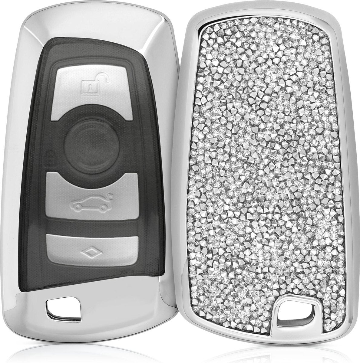 kwmobile Hoes voor autosleutel voor BMW 3-knops draadloze autosleutel (alleen Keyless Go) - Autosleutelbehuizing met strassteentjes in zilver