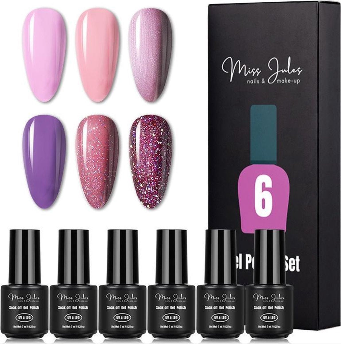 Miss Jules® 6-Delige Gellak Nagellak Set - Kleur Paars - Glitter - Glanzend & Dekkend Resultaat