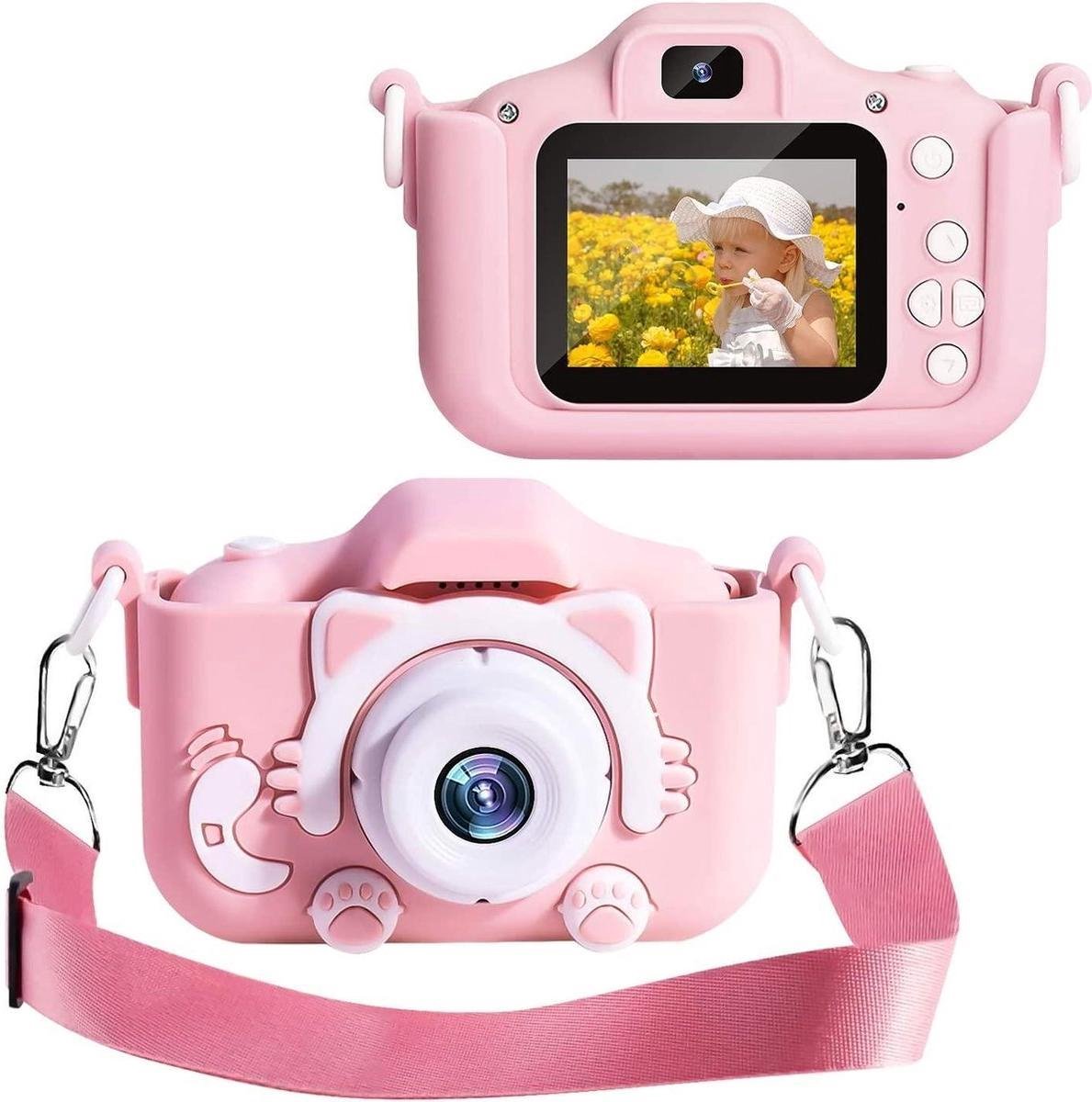 Digitale Kindercamera HD 1080p 32GB Inclusief Micro SD Kaart + TIJDELIJK GRATIS kinderzwembad - Vlog Camera voor Kinderen - Digitaal Kinderfototoestel - SpeelgoedCamera - Camera voor meisjes -  Roze camera - Poesje - schokbestendig - speelgoedcamera