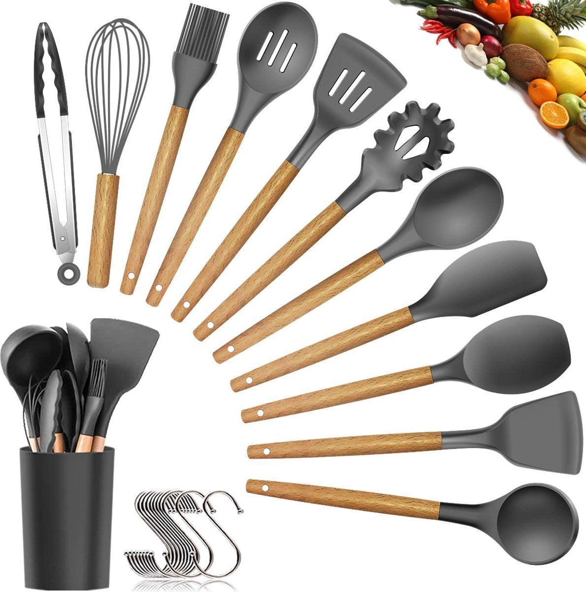 Kookgerei 12 delig set met houder + Extra Accessoires - Keukengerei - Siliconen - Set - Houten handvatten - Hoge Kwaliteit