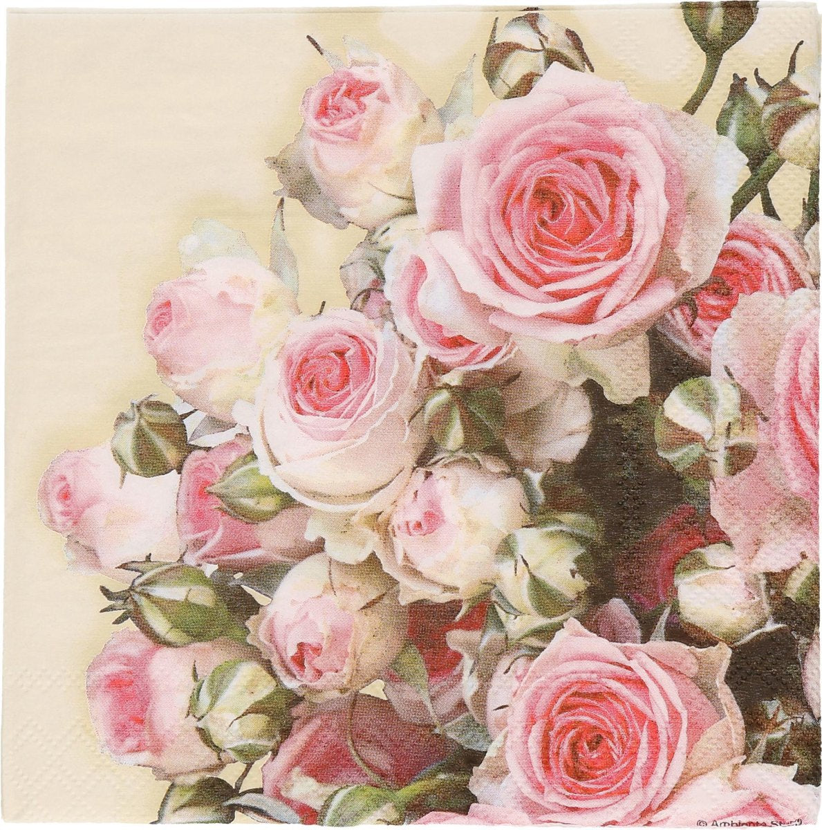 60x Geel met rozen/bloemen voorjaar servetten 33 x 33 cm - Papieren wegwerpservetten 3-laags