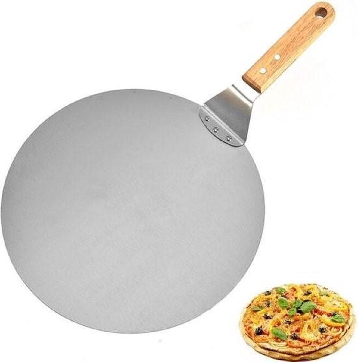 Pizzaschep RVS Rond voor BBQ of Oven - houten handvat 30cm Pizzaschep - Pizzaspatel - Taartschep -Spatel