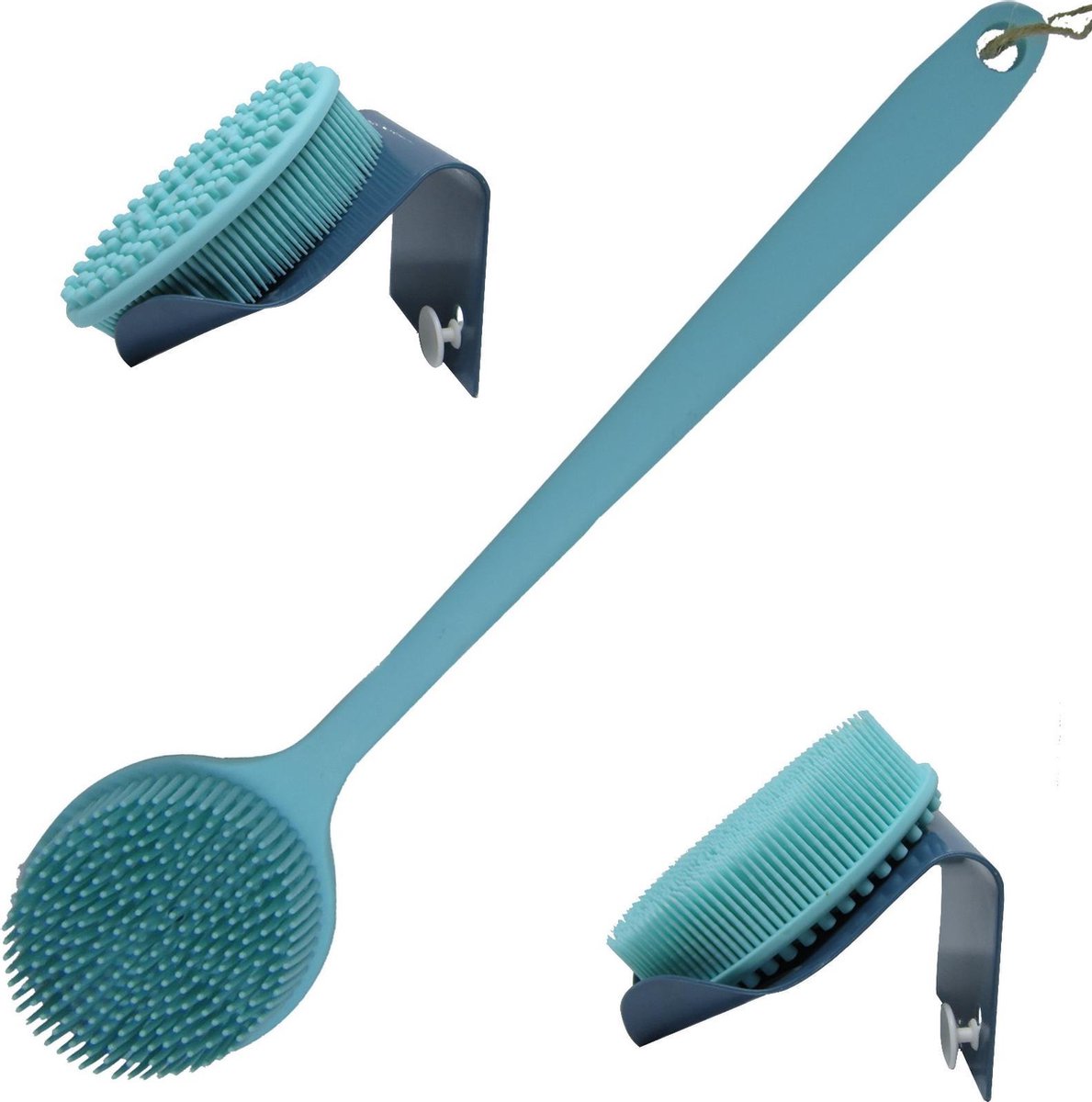 B&P Bad borstel set Blue lagoon met houder - blauw  - met steel - 100% silicone - massageborstel - lichaamsborstel - wet & dry brush