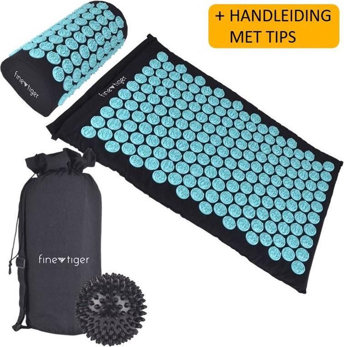 finetiger® Acupressuur Spijkermat met Kussen – 68x42 – Acupunctuur mat – Incl. Triggerpoint Bal en Draagtas – Zwart/Blauw