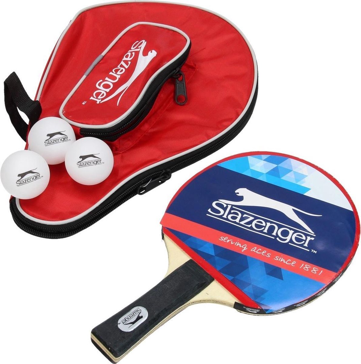 Slazenger tafeltennisset - 5-delig - met opbergtas - rood - 1 bat - 3 ballen