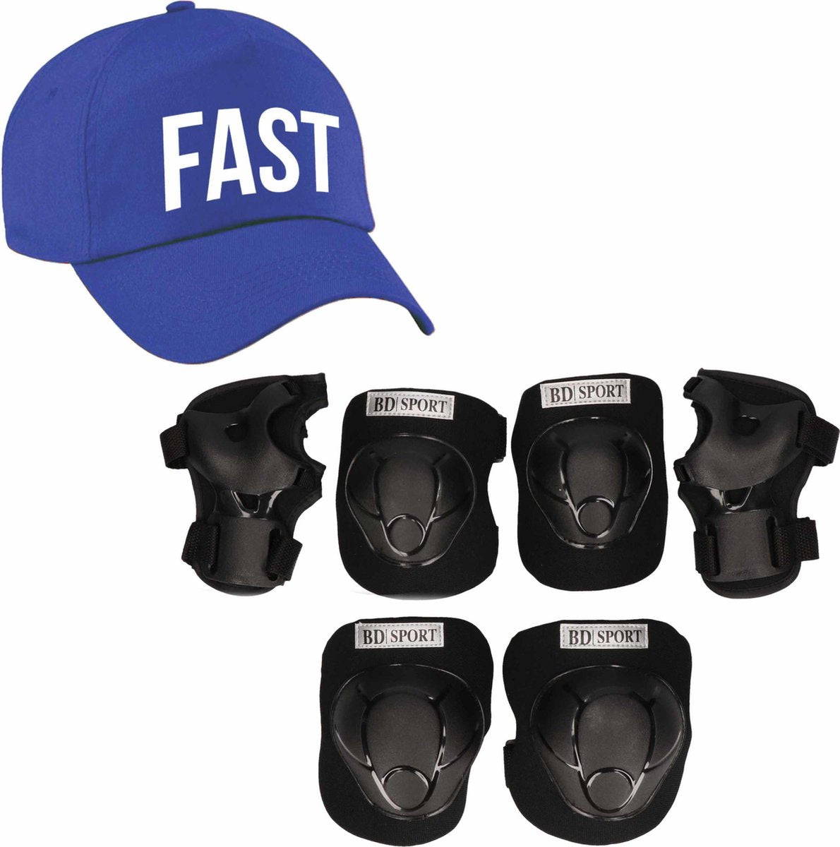 Set van valbescherming voor kinderen maat  M / 6 tot 8 jaar met een stoere FAST pet blauw