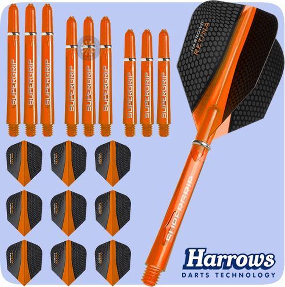 Harrows Retina Dart Flights and Shafts Combo Kit - 3 Sets Shafts - 3 Sets Flights - Orange