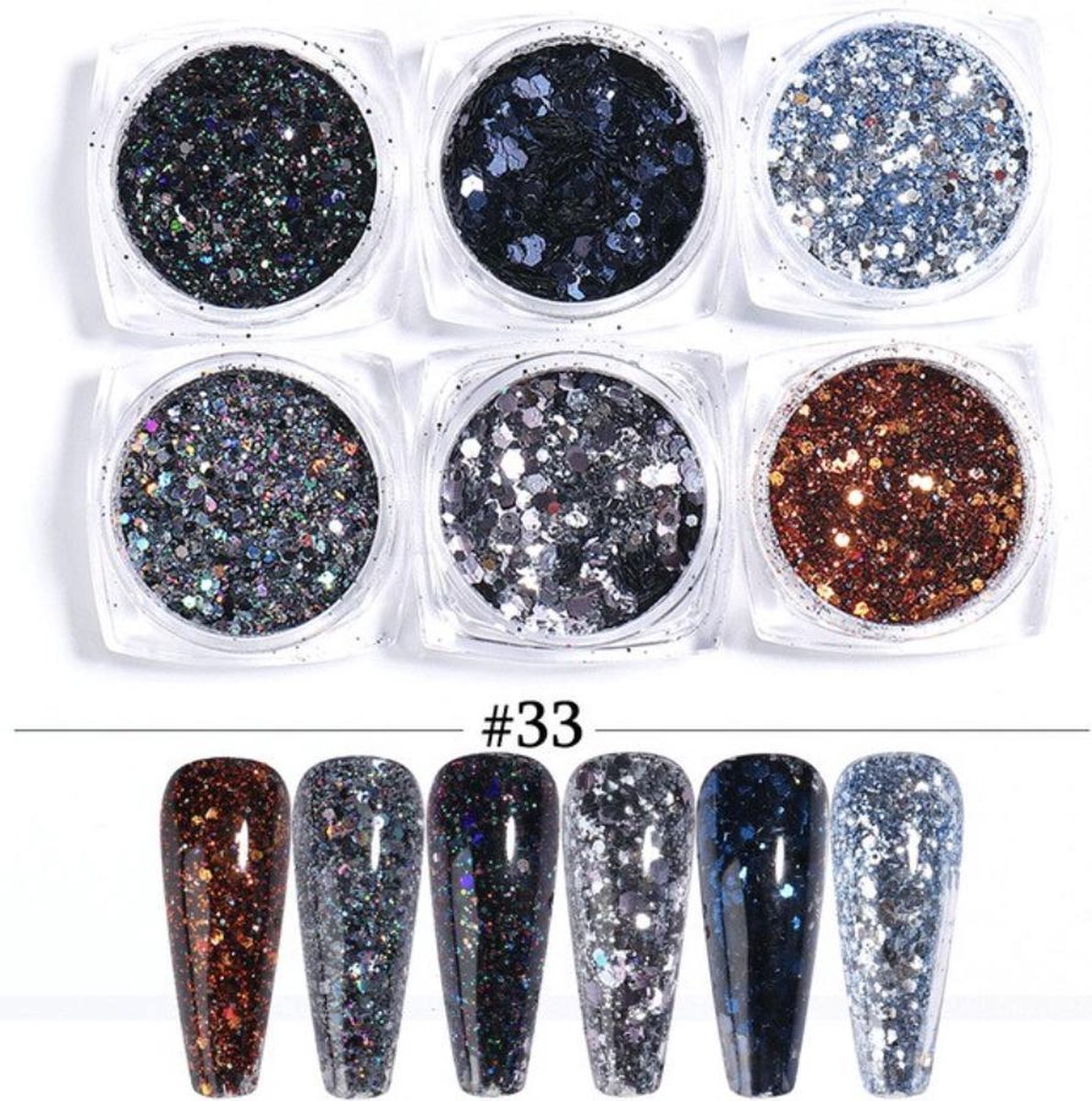 Glitter Poeder Nail Art Set - 6 Stuks - Navy / Zwart / Brons - Nagel Decoratie Strass