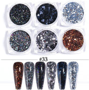 Glitter Poeder Nail Art Set - 6 Stuks - Navy / Zwart / Brons - Nagel Decoratie Strass