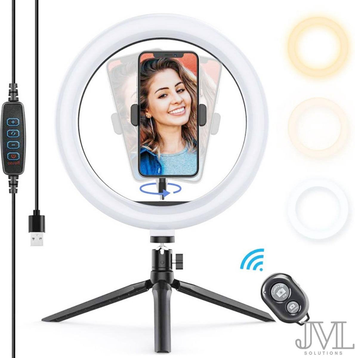 JML LED Ringlamp met statief (verstelbaar) incl telefoonhouder en bluetooth afstandsbediening - 26 cm/10 inch  - USB - TikTok - Ringlight - flitser - Ring lamp - Ringlamp telefoon - Vlog - Make up light - Studiolamp
