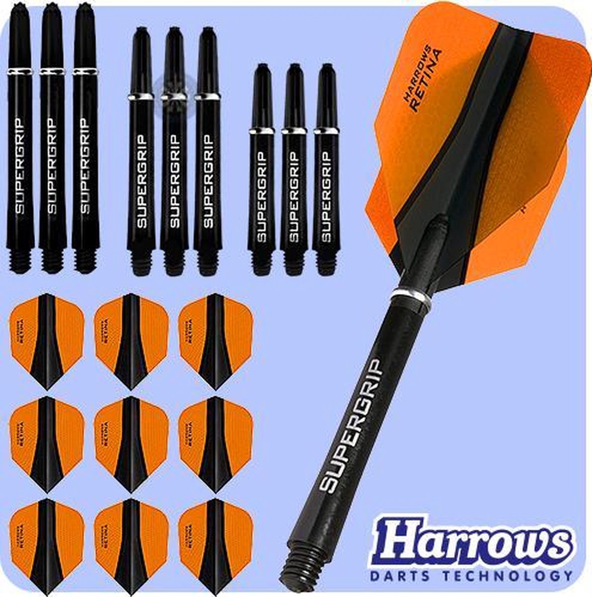Harrows Retina-X Dart Flights and Shafts Combo Kit - 3 Sets Shafts - 3 Sets Flights - Orange