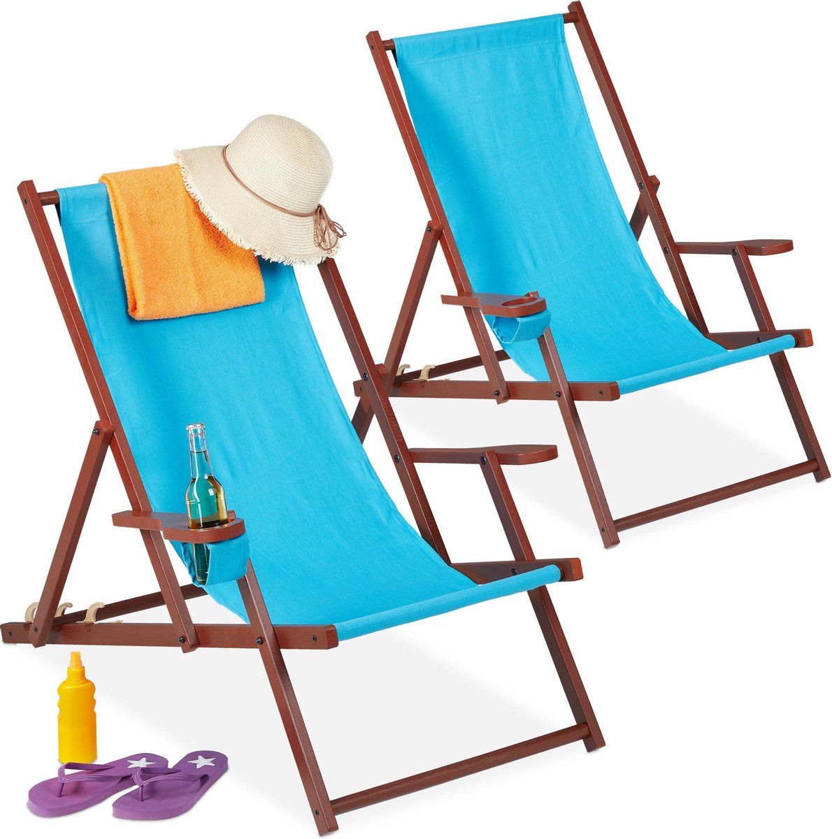 relaxdays strandstoel hout - set van 2 - ligstoel inklapbaar - campingstoel met 3 standen light Blue