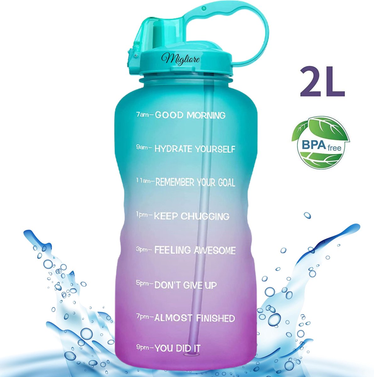Migliore Waterfles 2 Liter - Water Bottle -Waterjug - Bidon 2 Liter - Sportdrankfles - Grote Waterfles - Met Rietje - Tijdmarkering - Motivatie Waterfles - Groen / Paars