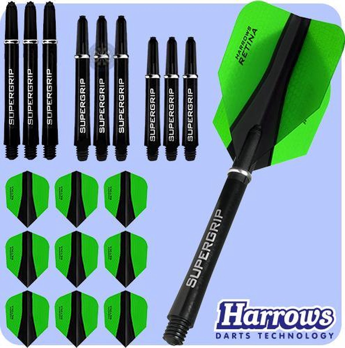 Harrows Retina-X Dart Flights and Shafts Combo Kit - 3 Sets Shafts - 3 Sets Flights - Green