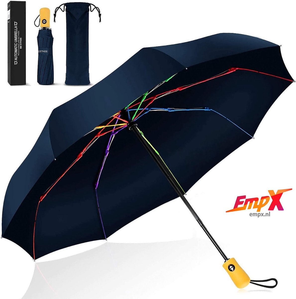 Storm Paraplu Opvouwbaar - Donker-Blauw - Polsband - Automatisch Uitklapbaar - Tot 100km p/u Windproof - 110 cm - 9 Panelen - Golf Stormparaplu - duurzame paraplu 110cm Incl. UV bescherming - Automatisch uitklapsysteem