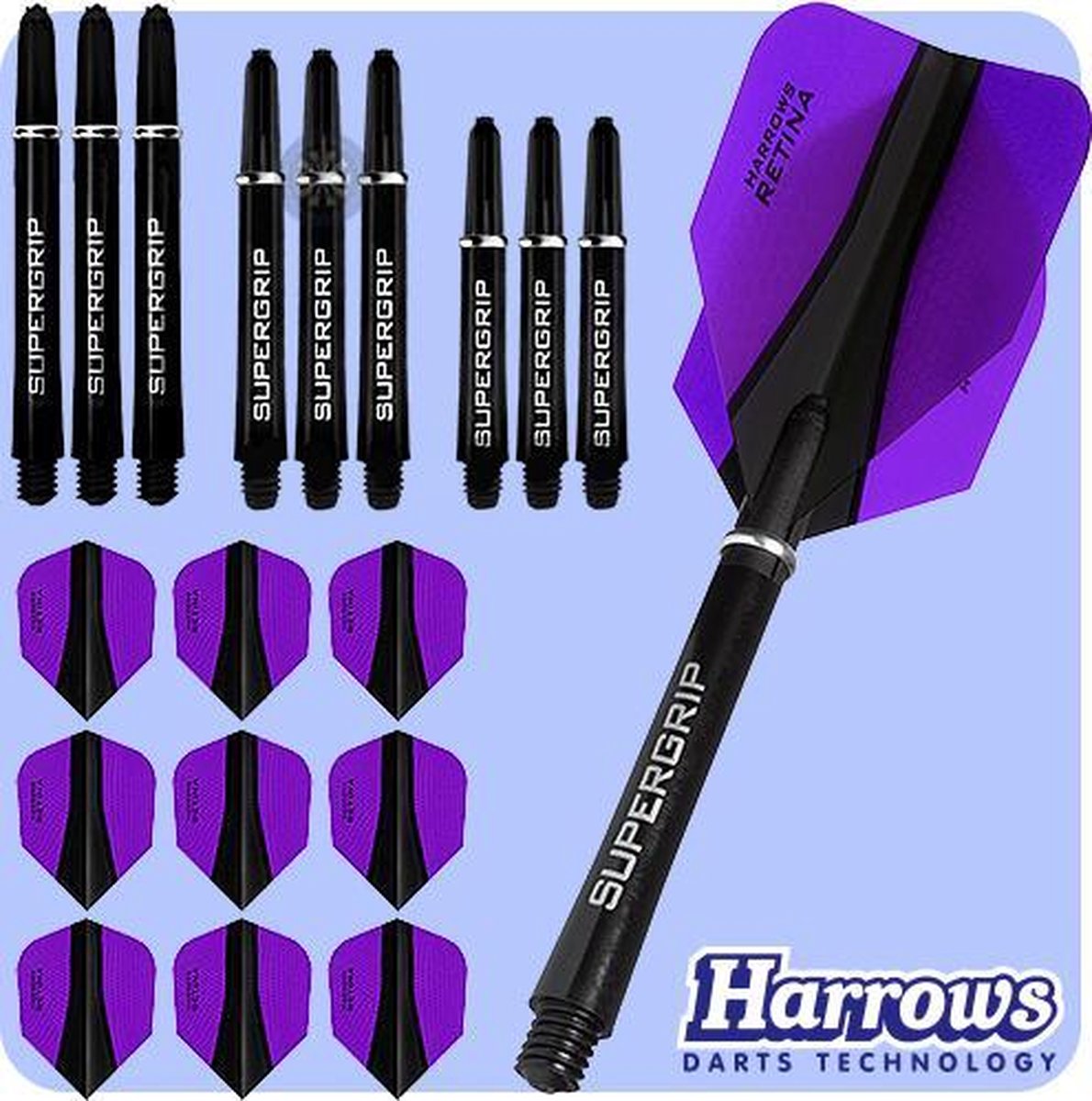Harrows Retina-X Dart Flights and Shafts Combo Kit - 3 Sets Shafts - 3 Sets Flights - Purple