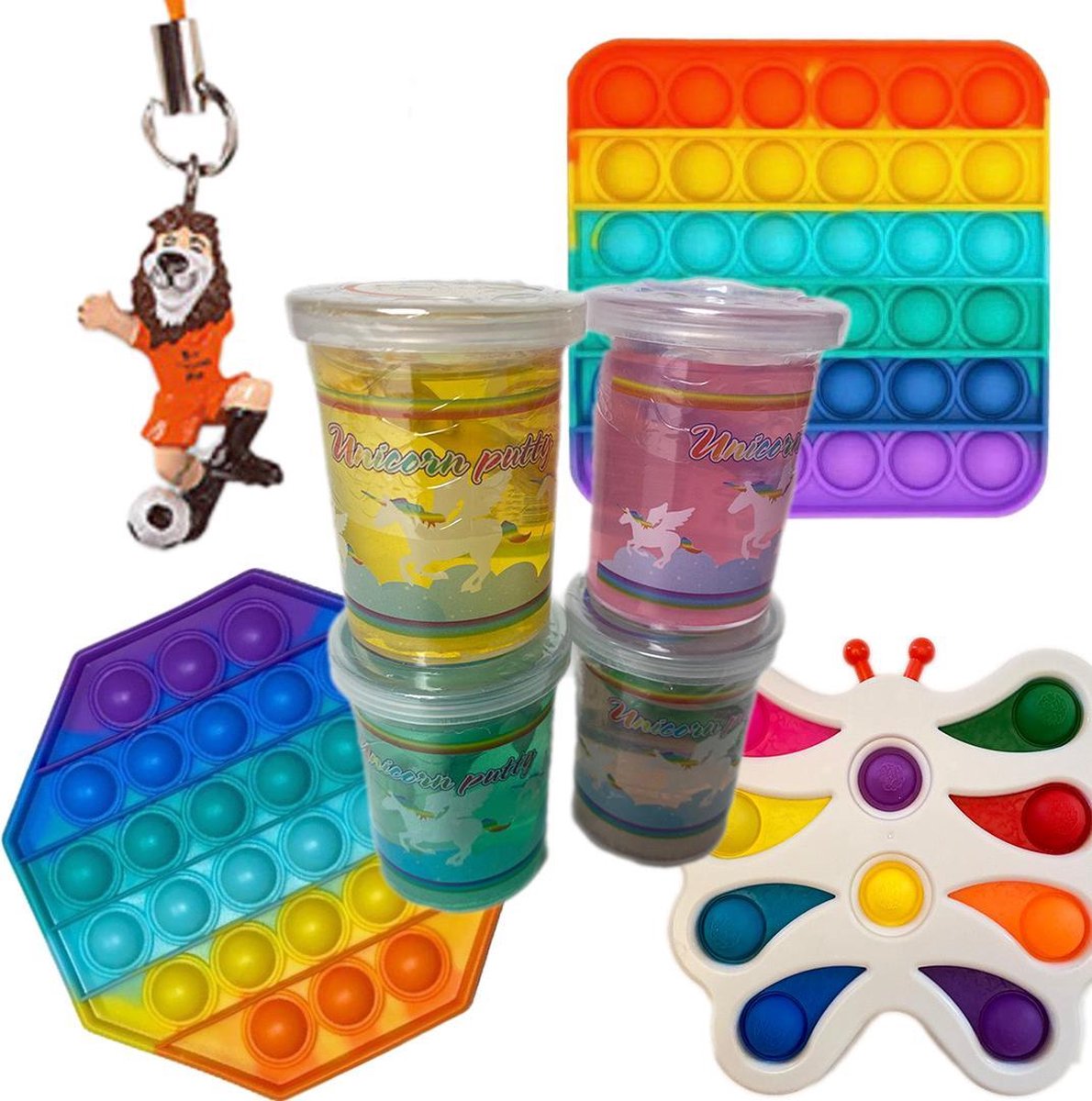 Fidgetly - Pop it pakket - Super Unicorn Slijm- pakket 8 stuks - Oranje Supporter Telefoon hanger - Dimple Digit Vlinder Wit - Super Unicorn Slijm 65g - Vierkante Regenboog pop it - Octogoon Regenboog pop-it