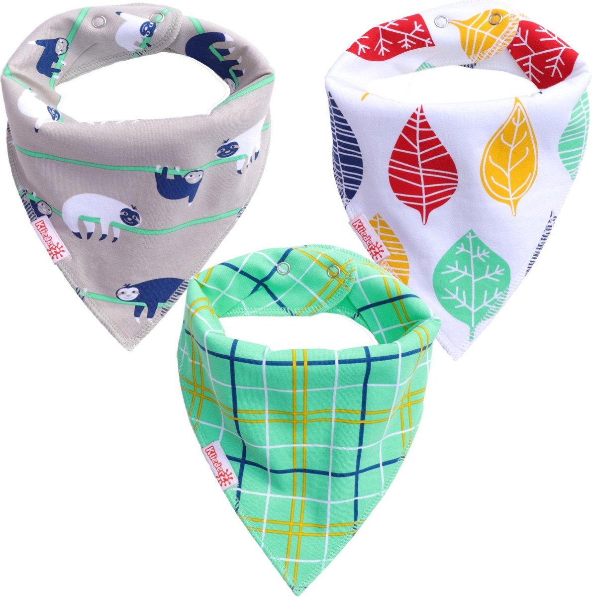 Bandana slabbetjes baby KliederZ | Stoere kwijlslabben Jongens | 3 stuks Puntslabbers Luiaard Schotse ruit groene print | BB06a